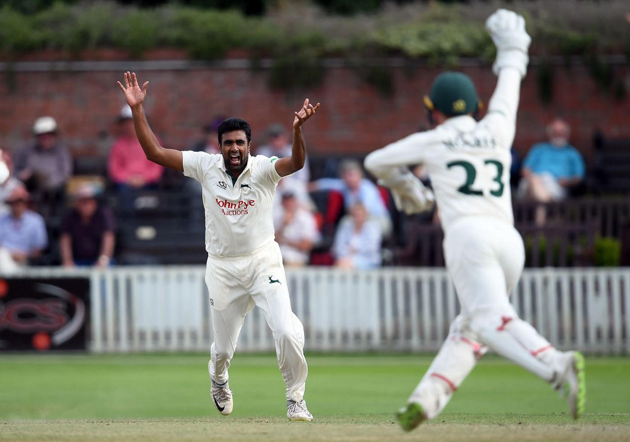 R Ashwin appeals for a leg-before chance, Somerset v Nottinghamshire, County Championship, 2nd day, July 8, 2019