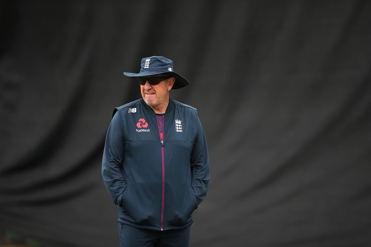 Trevor Bayliss looks on as England train at Edgbaston, July 9, 2019