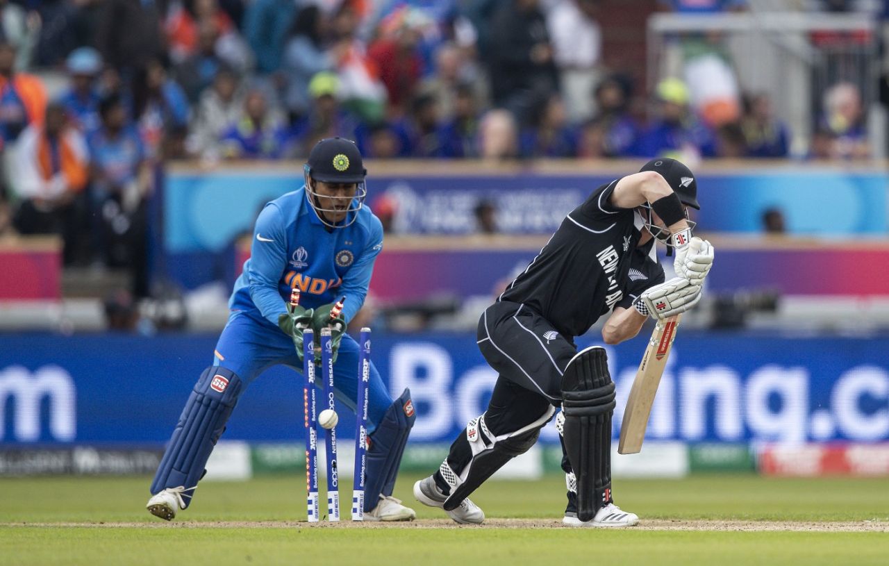 Henry Nicholls is bowled by Ravindra Jadeja as MS Dhoni looks on, India v New Zealand, World Cup 2019, Old Trafford, July 9, 2019