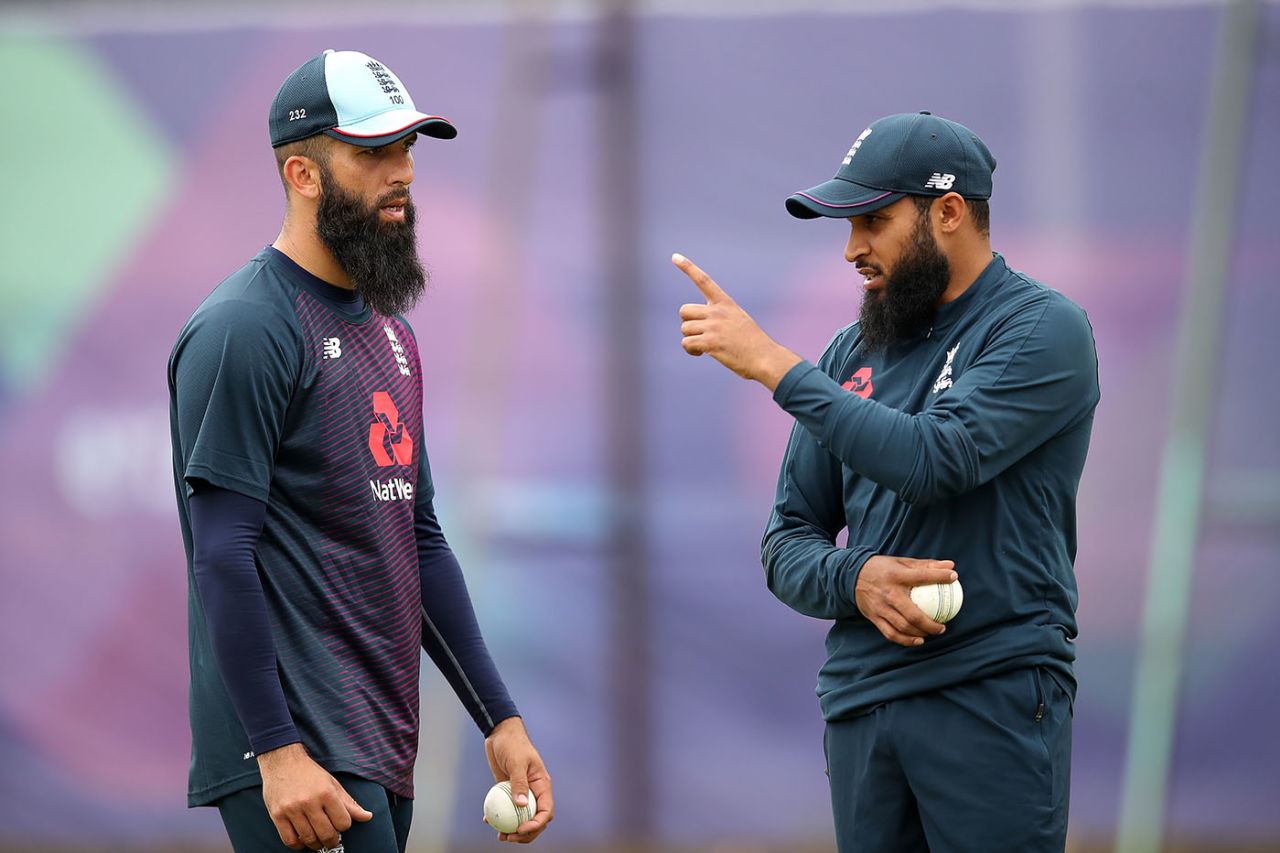Adil Rashid and Moeen Ali in conversation at England's nets session, July 9, 2019