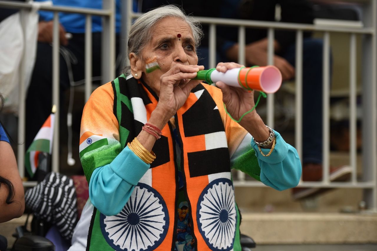 Indian supporter, 87 year old Charulata Patel cheers on her team, India v New Zealand, World Cup 2019, Old Trafford, July 9, 2019