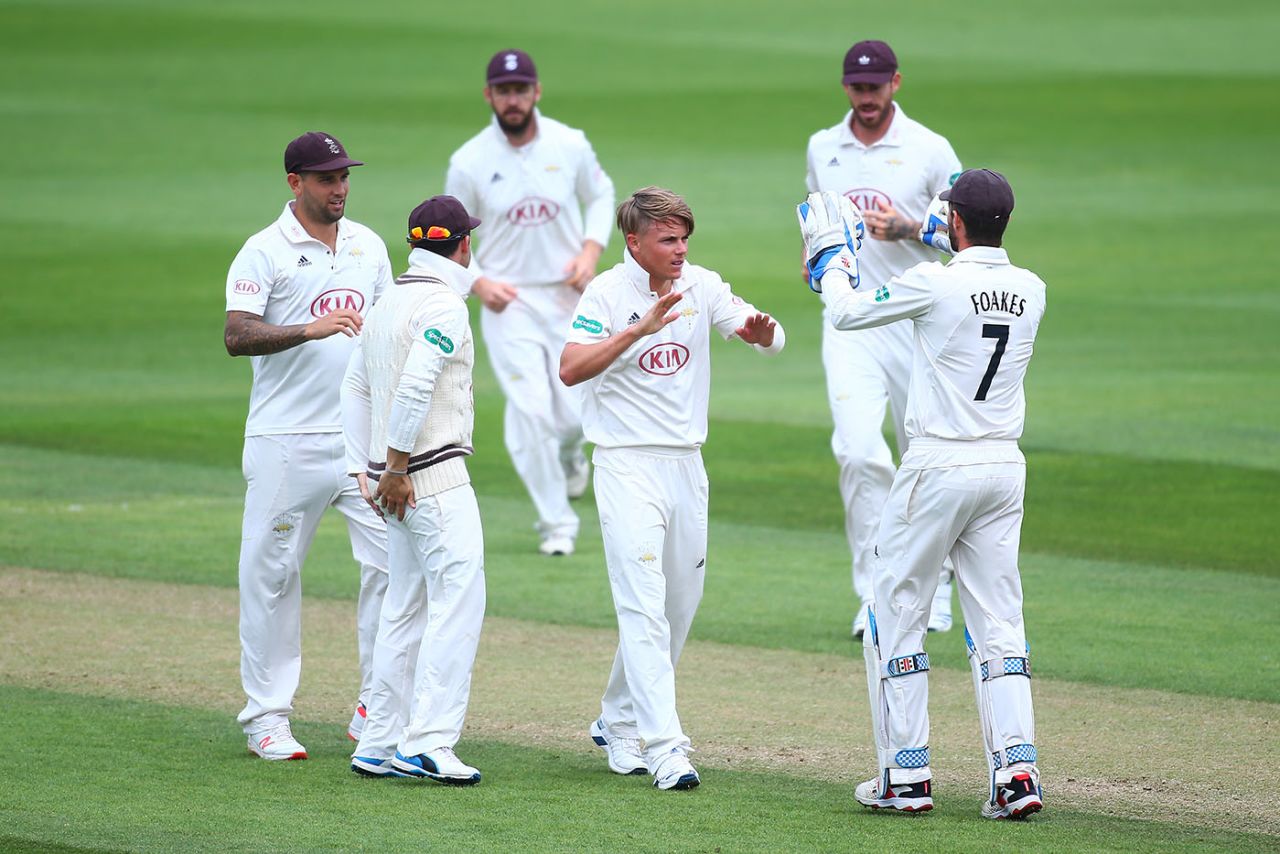 Sam Curran celebrates a wicket with his teammates, Surrey v Kent, County Championship Division One, The Kia Oval, July 09, 2019