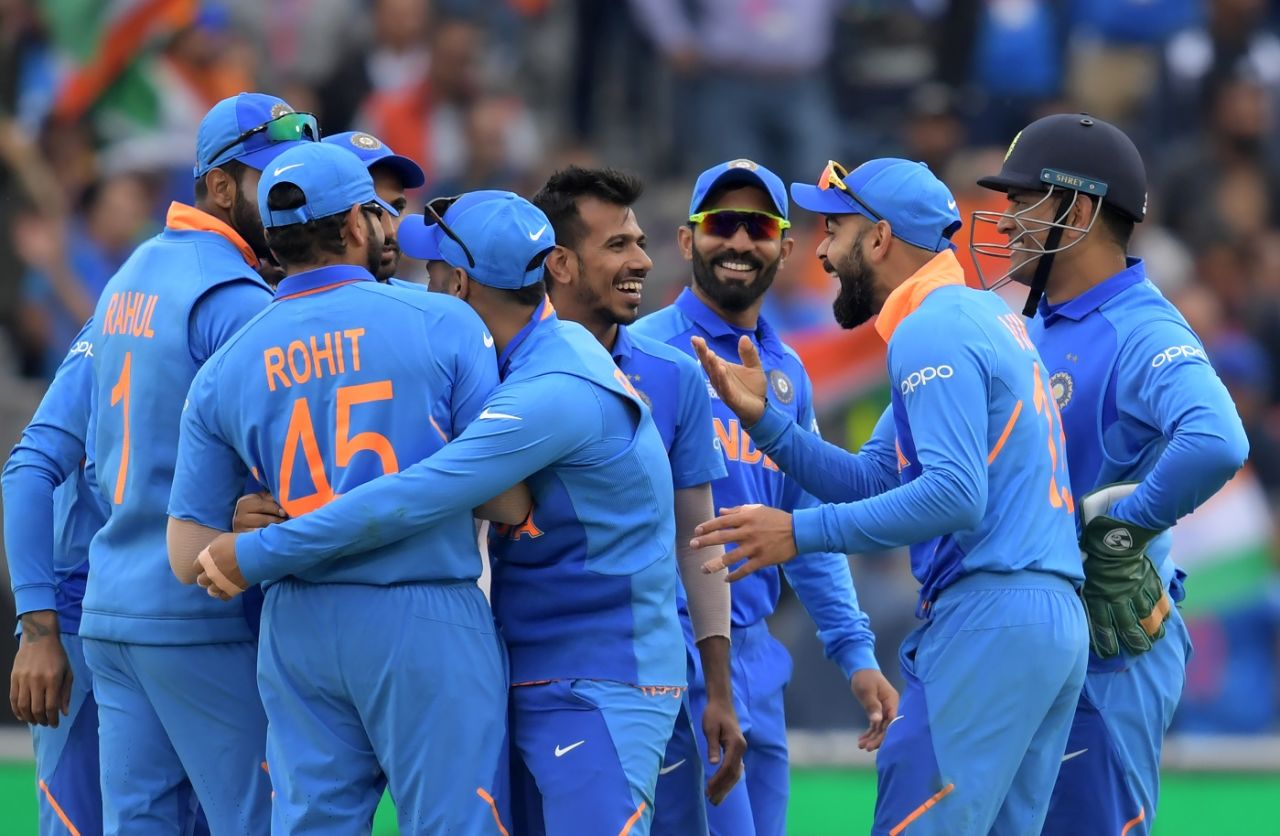 The Indian team celebrates the dismissal of Kane Williamson, India v New Zealand, World Cup 2019, Old Trafford, July 9, 2019