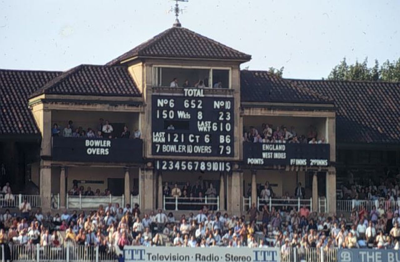 The now demolished scoreboard at Lord's as West Indies pile on the runs, England v West Indies, 3rd Test, Lord's, August 27, 1973