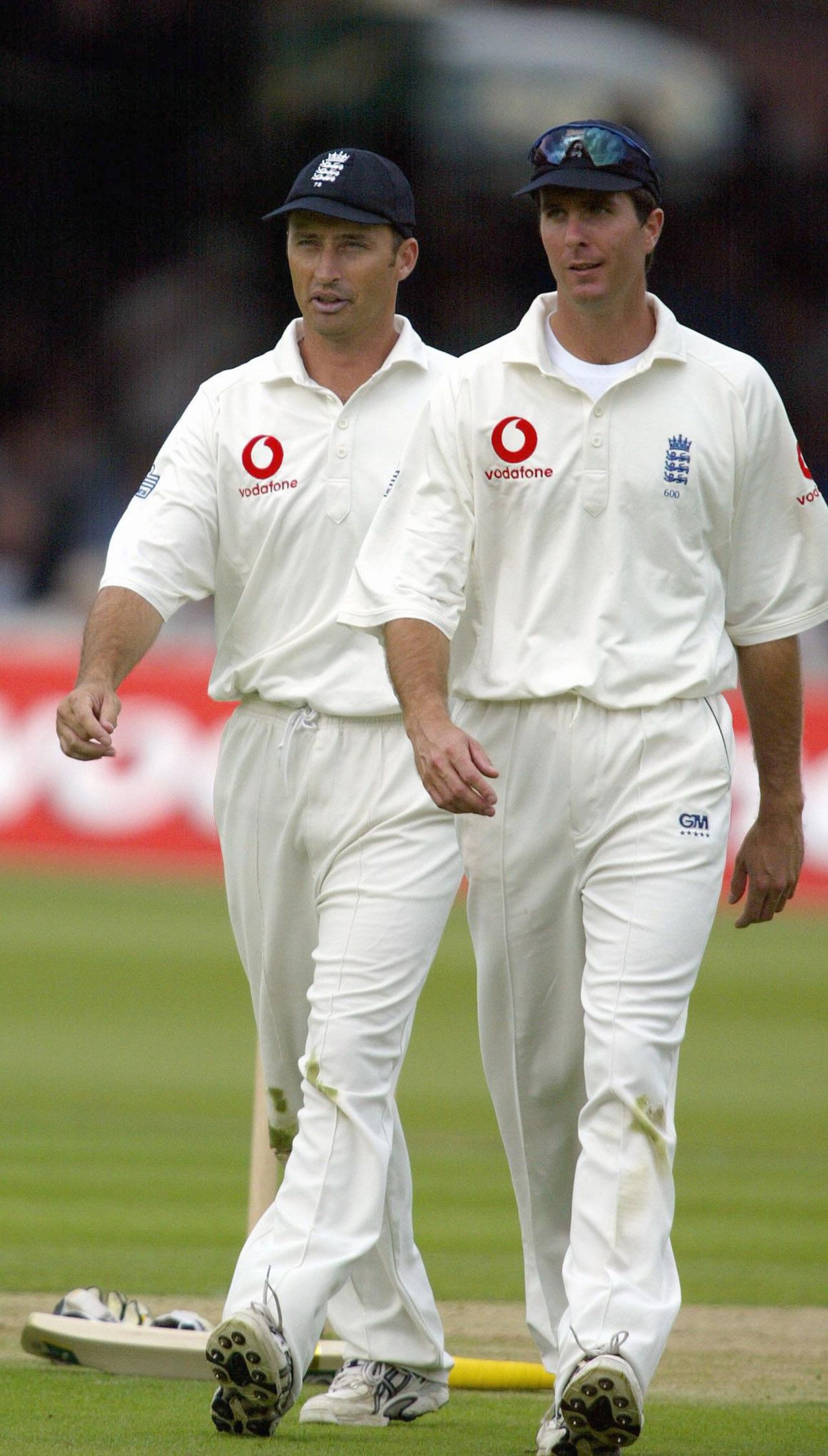 Michael Vaughan walks ahead of Nasser Hussain, day 1, 2nd npower Test, England v South Africa, Lord's, London, England, July 31, 2003