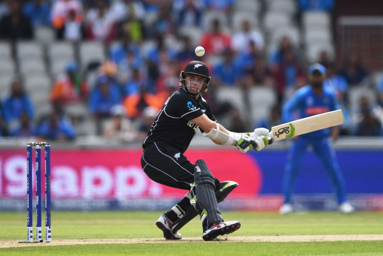Tom Latham swivels around for a hit, India v New Zealand, World Cup 2019, Old Trafford, July 10, 2019