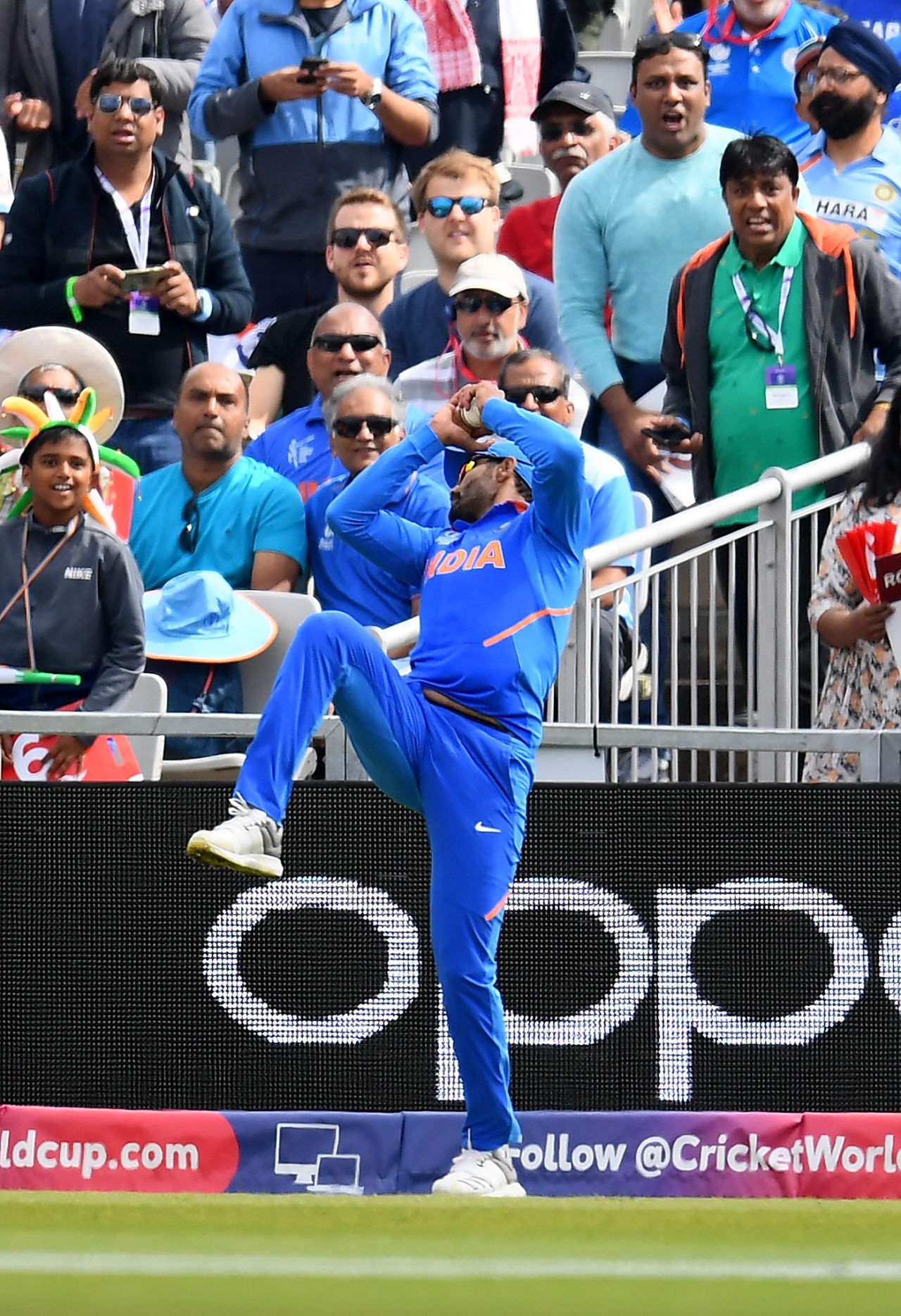Ravindra Jadeja holds on to a smart catch, India v New Zealand, World Cup 2019, Old Trafford, July 10, 2019