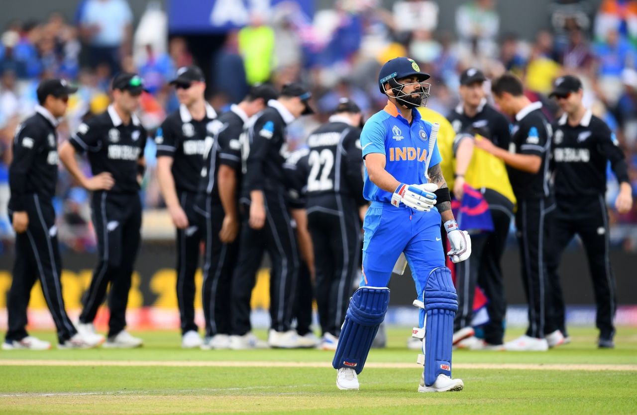 Virat Kohli and India were stunned by three early wickets, keeping New Zealand to 239, India v New Zealand, World Cup 2019, Old Trafford, July 10, 2019