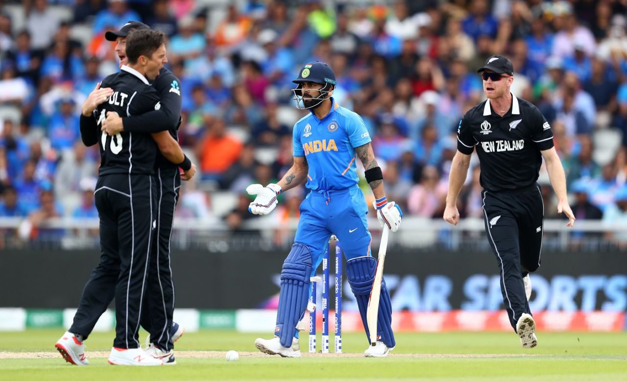 Virat Kohli was in disbelief after being trapped lbw, keeping New Zealand to 239, India v New Zealand, World Cup 2019, Old Trafford, July 10, 2019