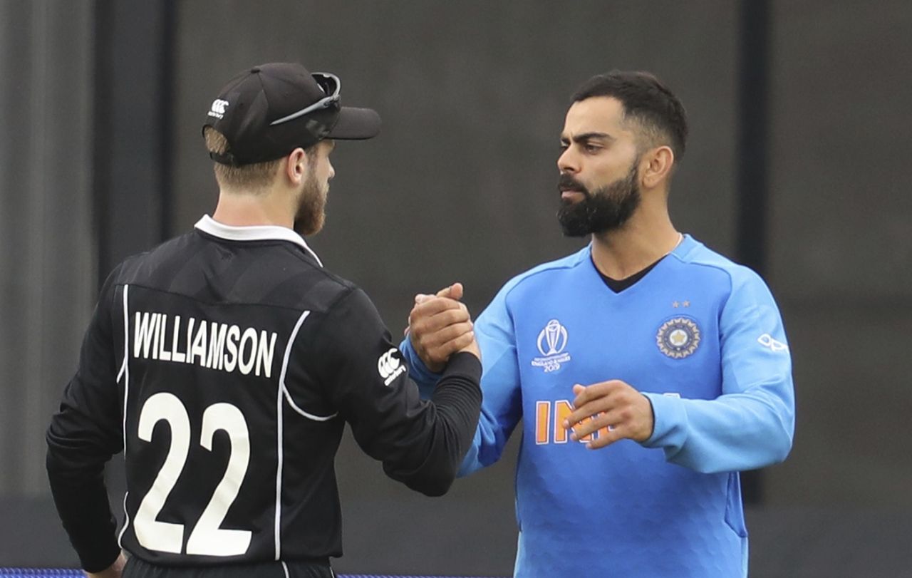 Virat Kohli congratulates Kane Williamson after the game, India v New Zealand, World Cup 2019, Old Trafford, July 10, 2019