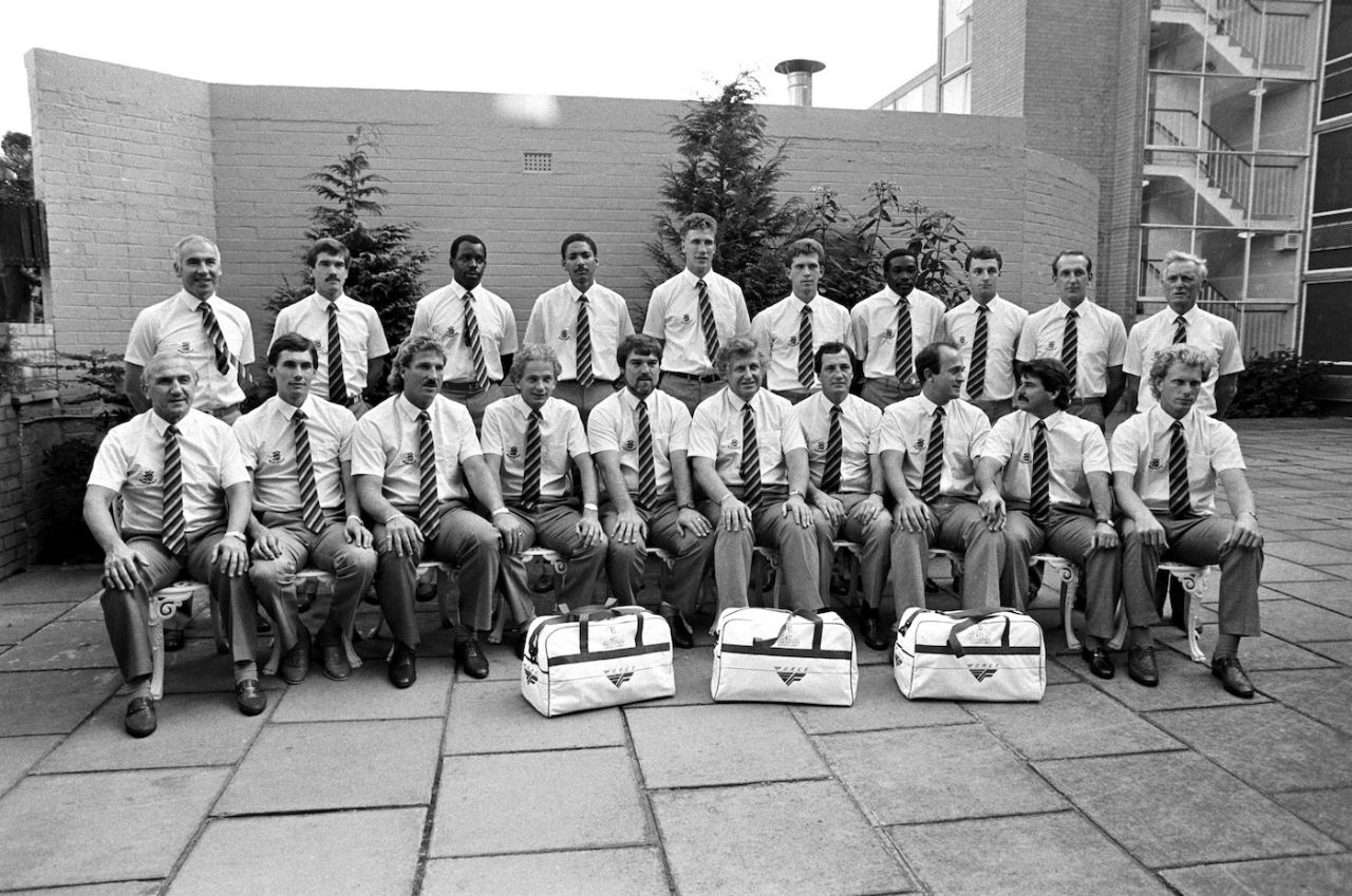 The England cricket team line up before leaving for Australia and the Ashes tour 1986/87, England, December 09, 1986