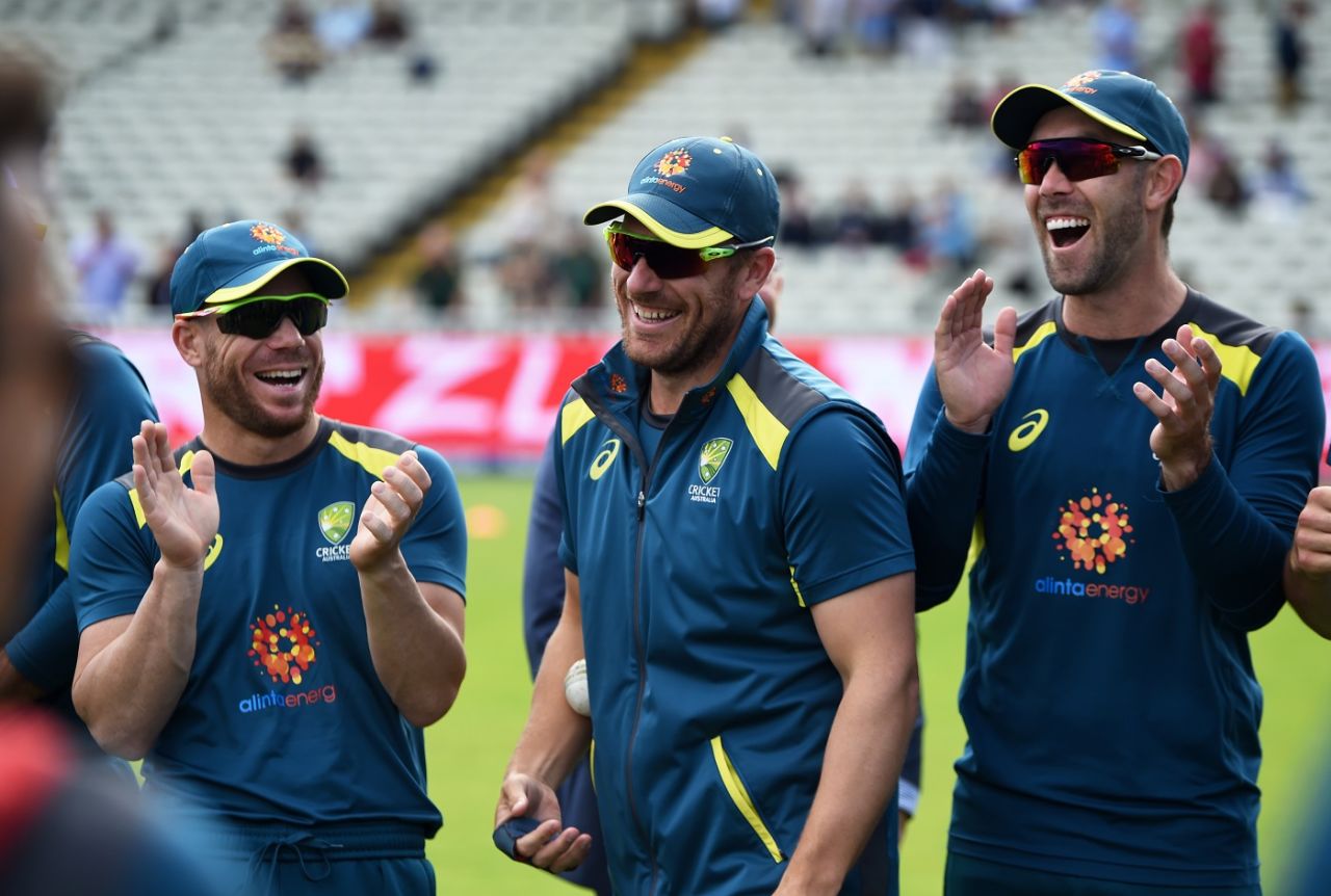 David Warner, Aaron Finch and Glenn Maxwell were all smiles before the start of play, England v Australia, World Cup 2019, Edgbaston, July 11, 2019