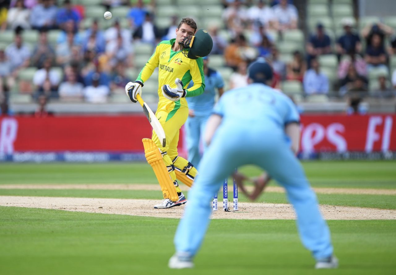 Alex Carey was hit by a Jofra Archer bouncer but batted on, England v Australia, World Cup 2019, Edgbaston, July 11, 2019