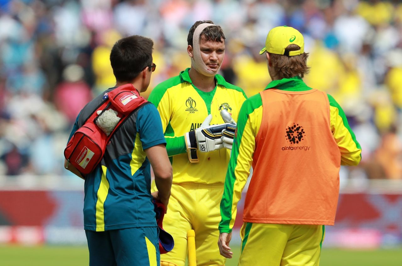 Alex Carey is ready to continue with some extra padding on the chin, England v Australia, World Cup 2019, Edgbaston, July 11, 2019