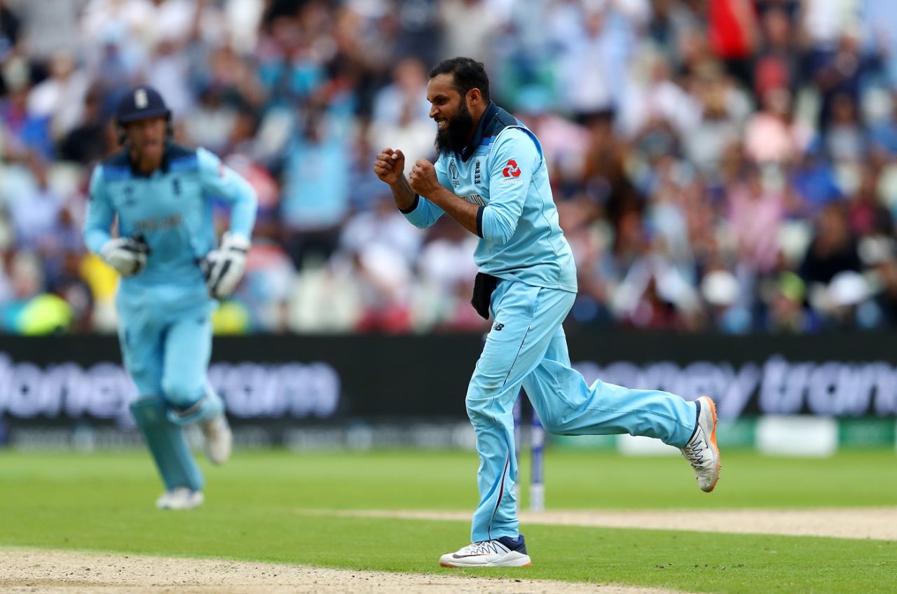 Adil Rashid celebrates after dismissing Alex Carey, England v Australia, World Cup 2019, Edgbaston, July 11, 2019