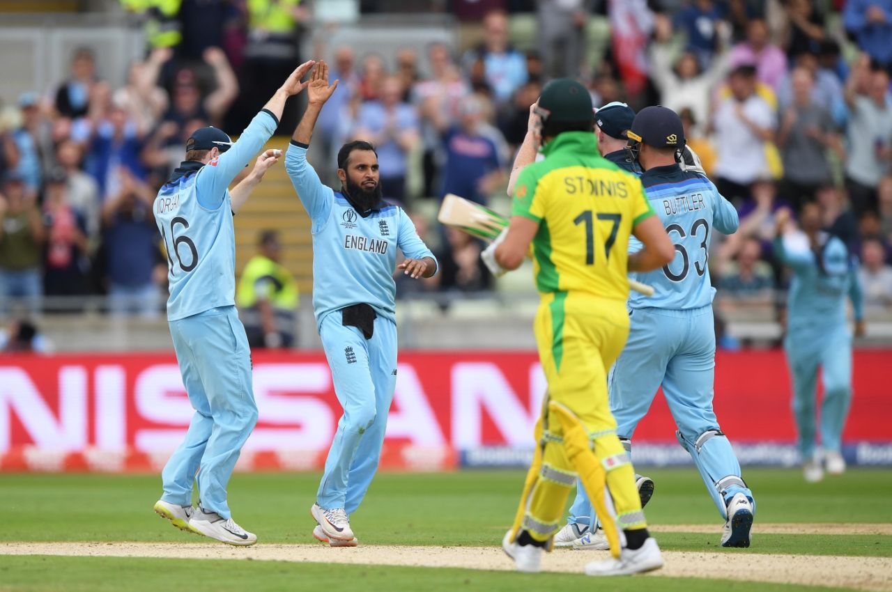 Adil Rashid took two wickets in one over to halt Australia's recovery, England v Australia, World Cup 2019, Edgbaston, July 11, 2019