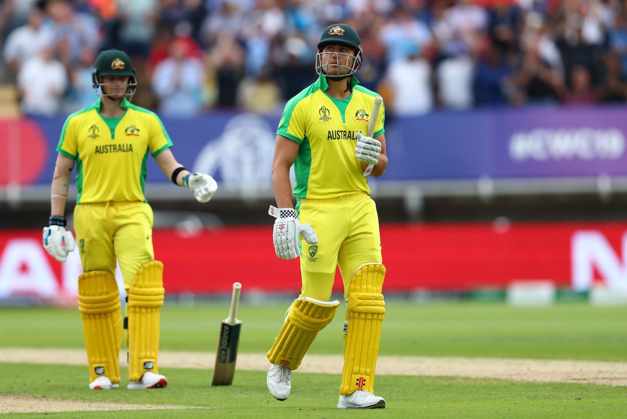 A dejected Marcus Stoinis walks off after his duck, England v Australia, World Cup 2019, Edgbaston, July 11, 2019