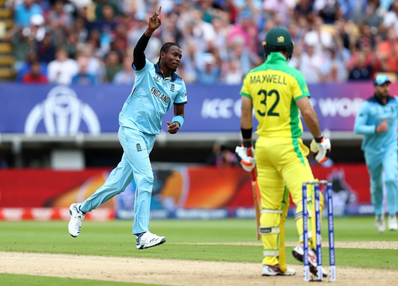Jofra Archer sends back the dangerous Glenn Maxwell, England v Australia, World Cup 2019, Edgbaston, July 11, 2019