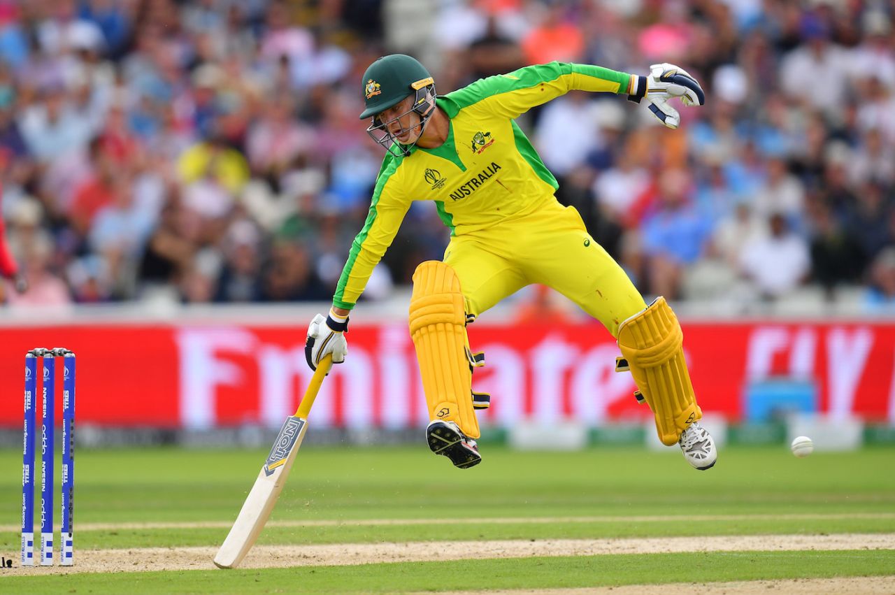 Alex Carey is air borne while getting in the crease, England v Australia, World Cup 2019, Edgbaston, July 11, 2019