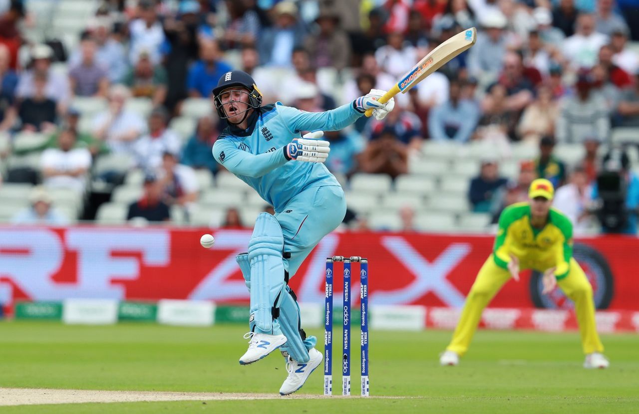 Jason Roy is hit by a Mitchell Starc short ball, England v Australia, World Cup 2019, Edgbaston, July 11, 2019