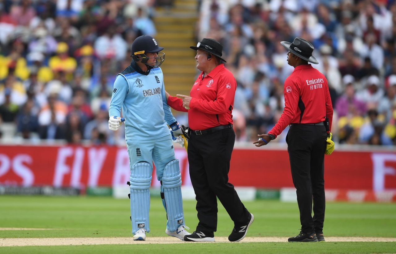 Jason Roy argues with the umpires after his dismissal, England v Australia, World Cup 2019, Edgbaston, July 11, 2019