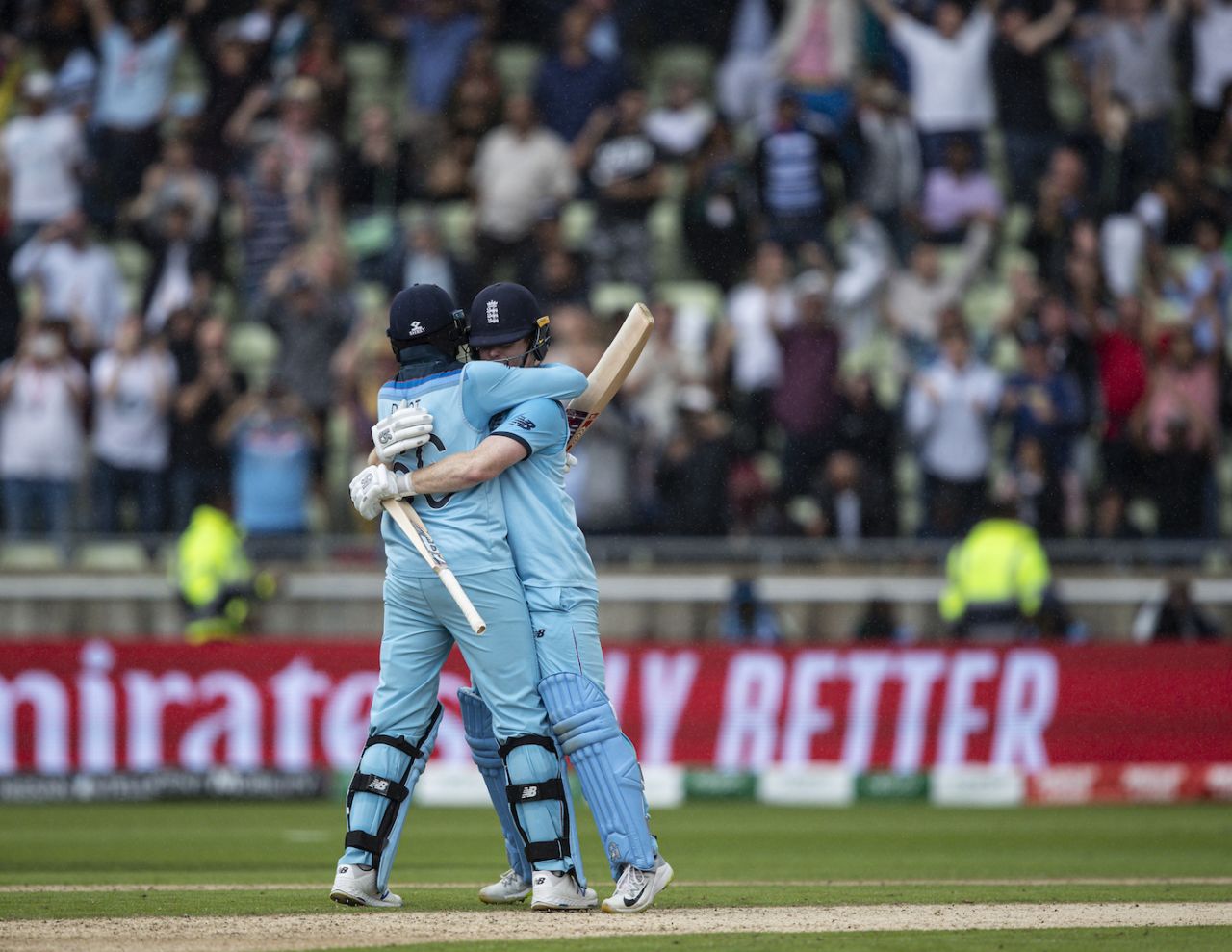 Joe Root embraces Eoin Morgan after hitting the winning runs, England v Australia, World Cup 2019, Edgbaston, July 11, 2019