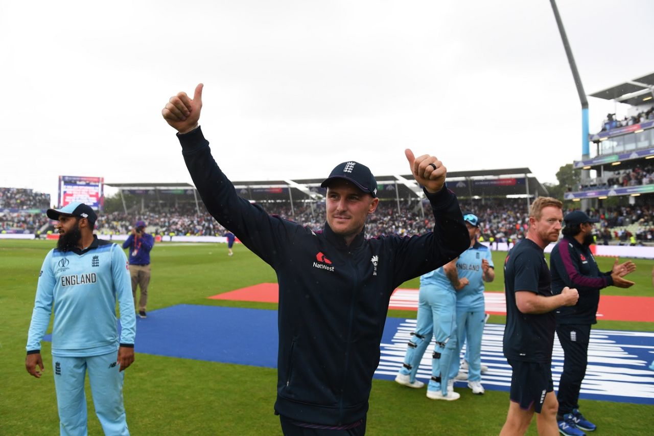 Jason Roy acknowledges the crowd after England's win, England v Australia, World Cup 2019, Edgbaston, July 11, 2019