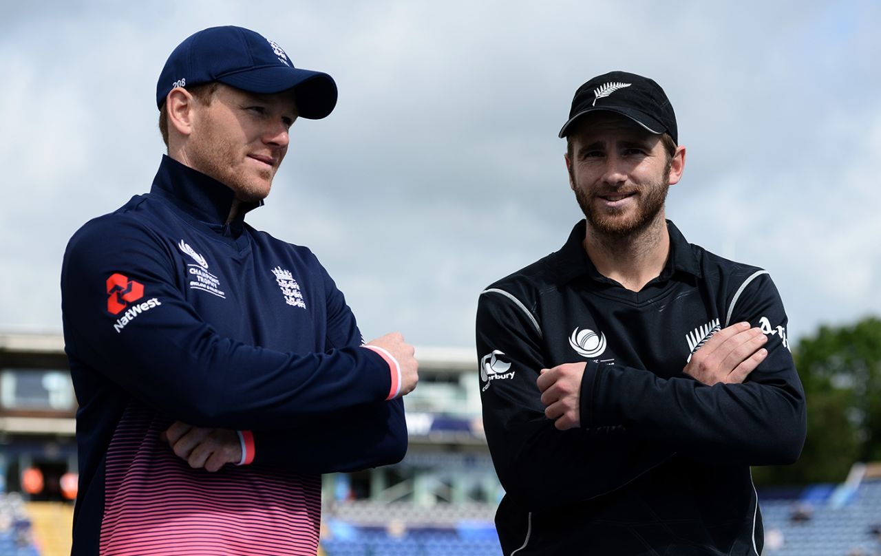 The captains, Eoin Morgan and Kane Williamson, ahead of the game, England v New Zealand, Champions Trophy 2017, Cardiff, June 6, 2017