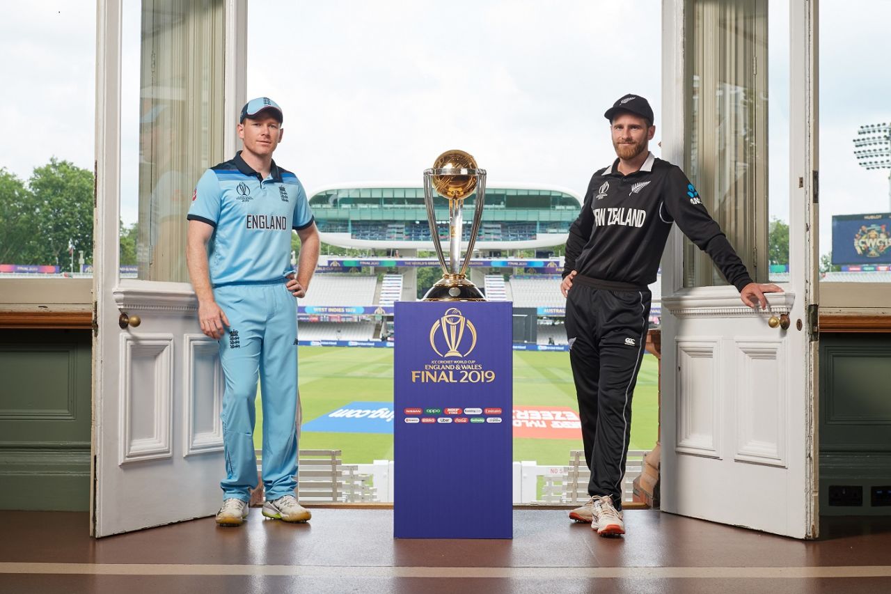 Eoin Morgan and Kane Williamson pose with the World Cup trophy, England v New Zealand, World Cup 2019 final, Lord's, July 13, 2019