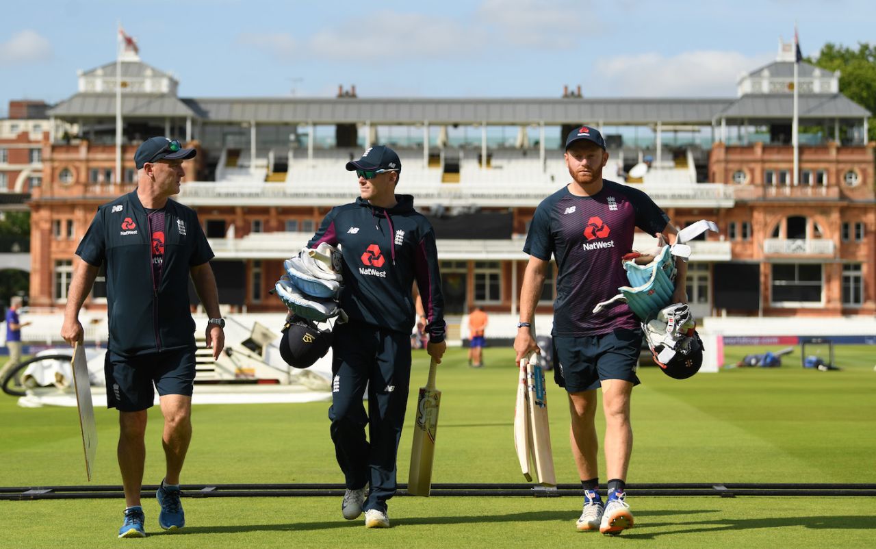 Batting coach Graham Thorpe, Eoin Morgan and Jonny Bairstow walk out at Lord's, World Cup 2019, Lord's, July 13, 2019