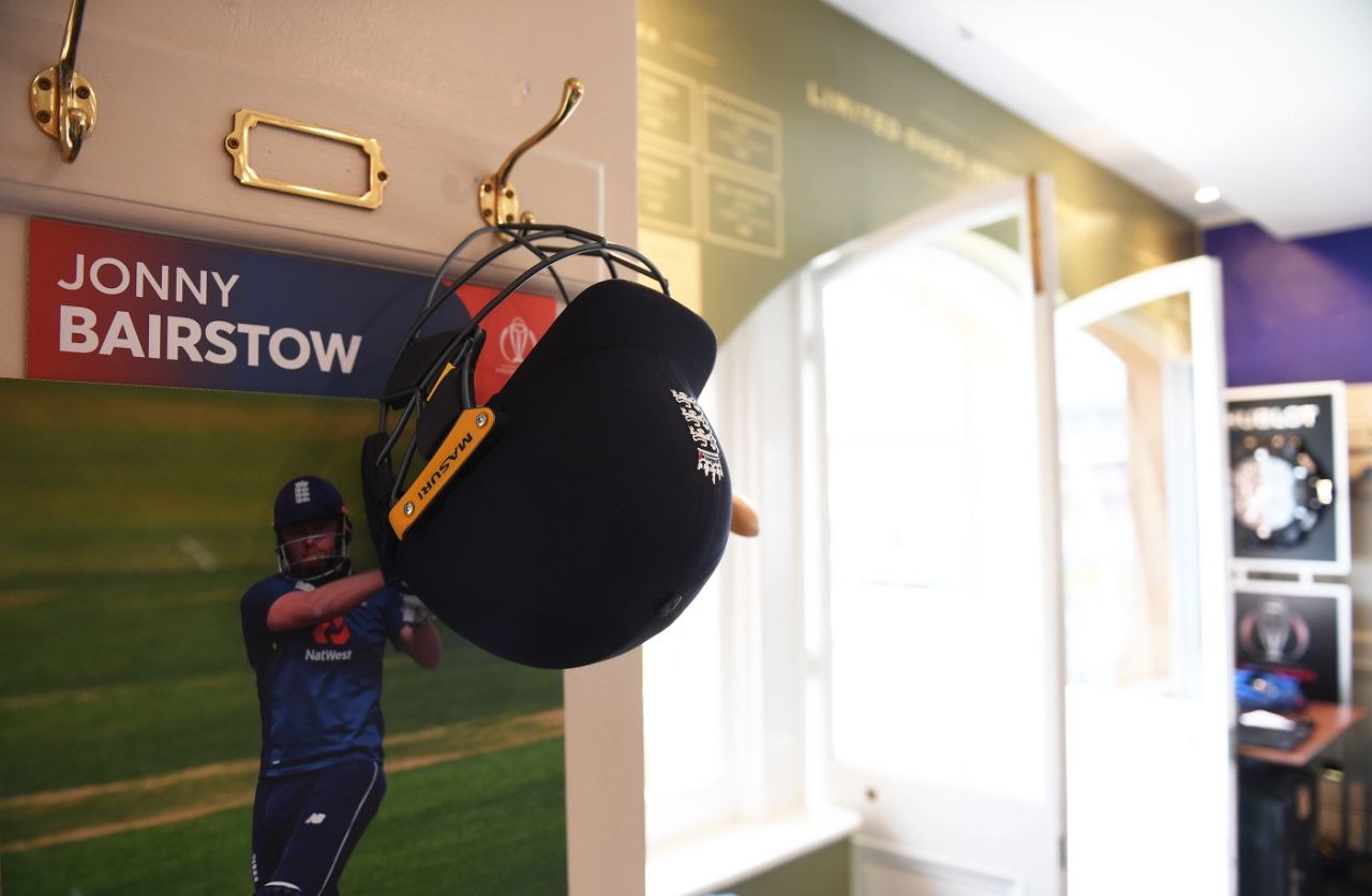 A helmet next to Jonny Bairstow's corner in the England dressing room, England v New Zealand, World Cup 2019 final, Lord's, July 14, 2019