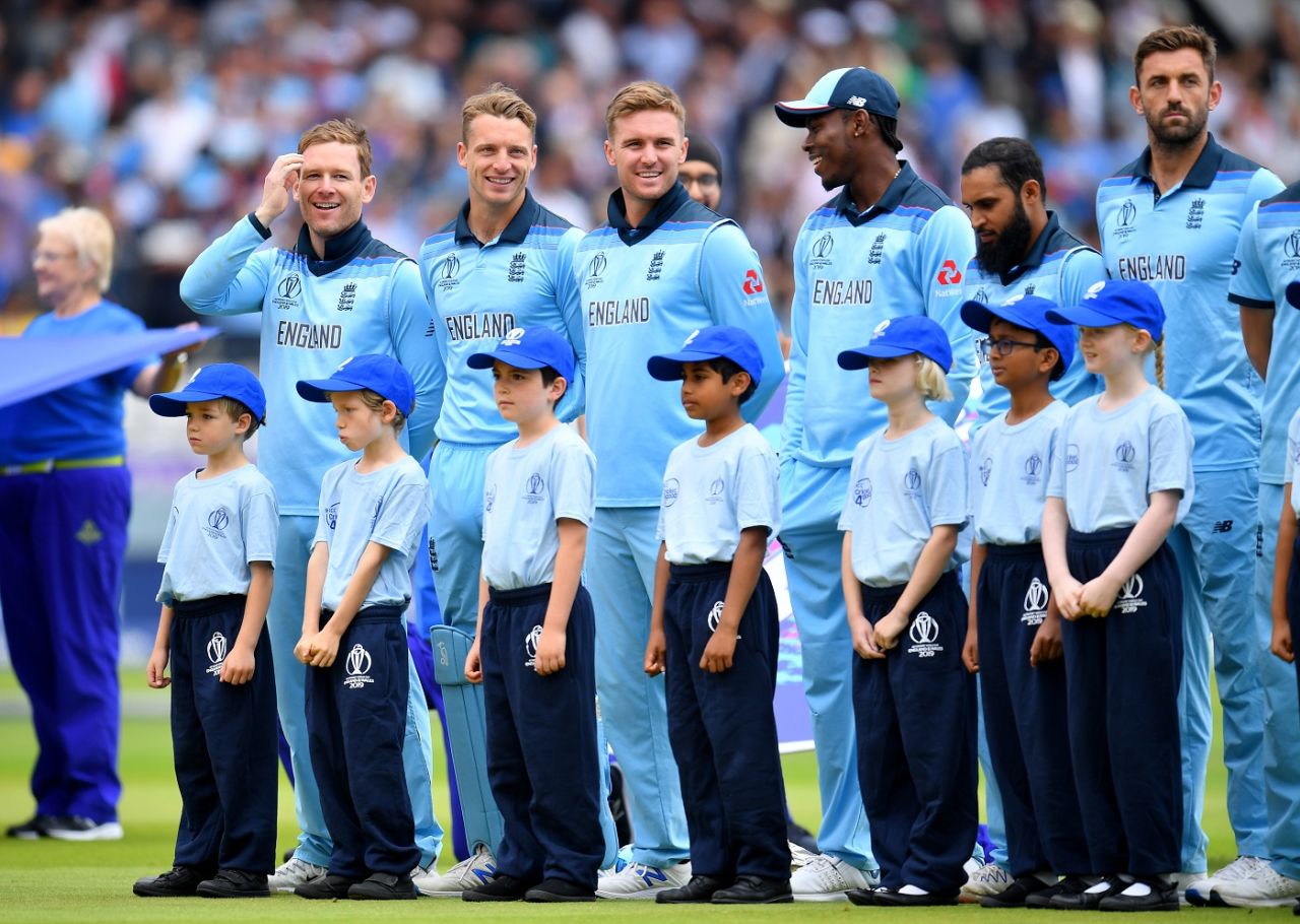 England players stand for the national anthems before the start of the final, England v New Zealand, World Cup 2019, final, Lord's, July 14, 2019