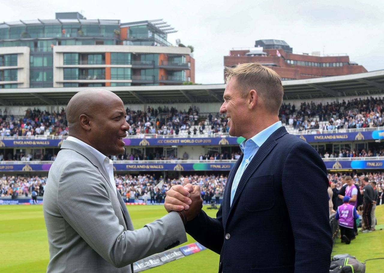 Brian Lara and Shane Warne catch up at Lord's, England v New Zealand, World Cup 2019, final, Lord's, July 14, 2019