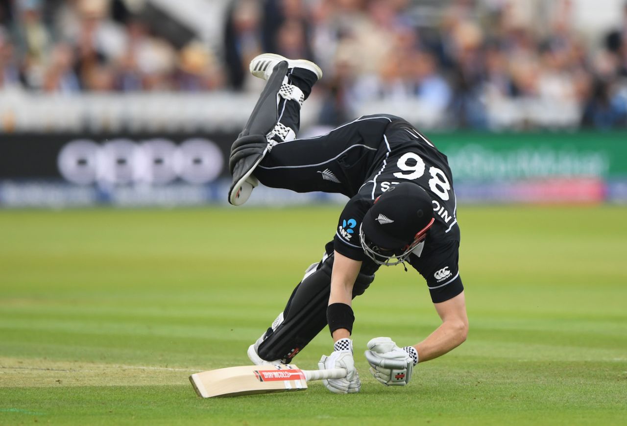 Henry Nicholls tumbles while completing a run, England v New Zealand, World Cup 2019, final, Lord's, July 14, 2019
