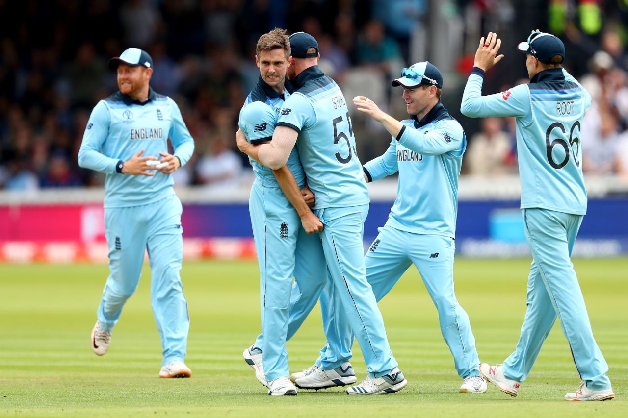 Chris Woakes is pumped and his team-mates celebrate, England v New Zealand, World Cup 2019, final, Lord's, July 14, 2019
