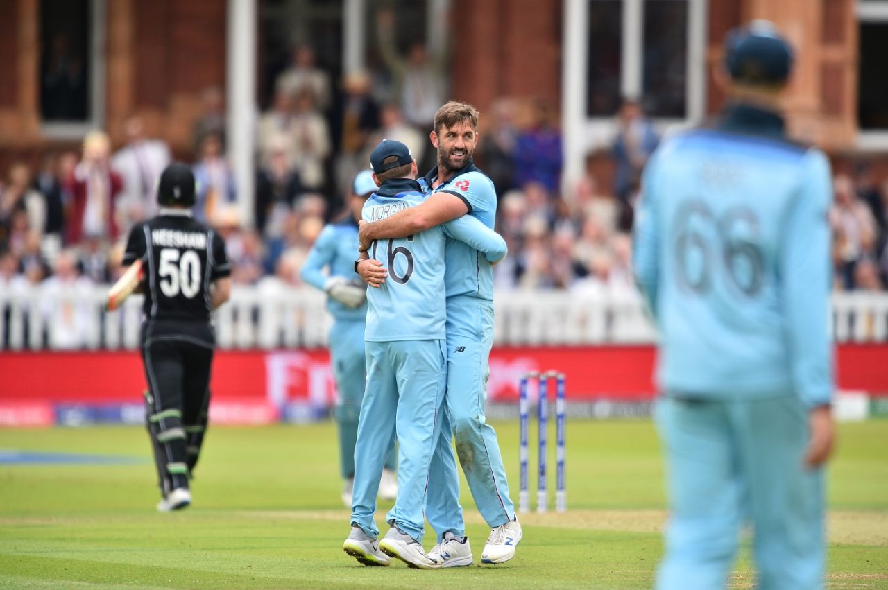 Jimmy Neesham walks back after being dismissed by Liam Plunkett, England v New Zealand, World Cup 2019, Lord's, July 14, 2019