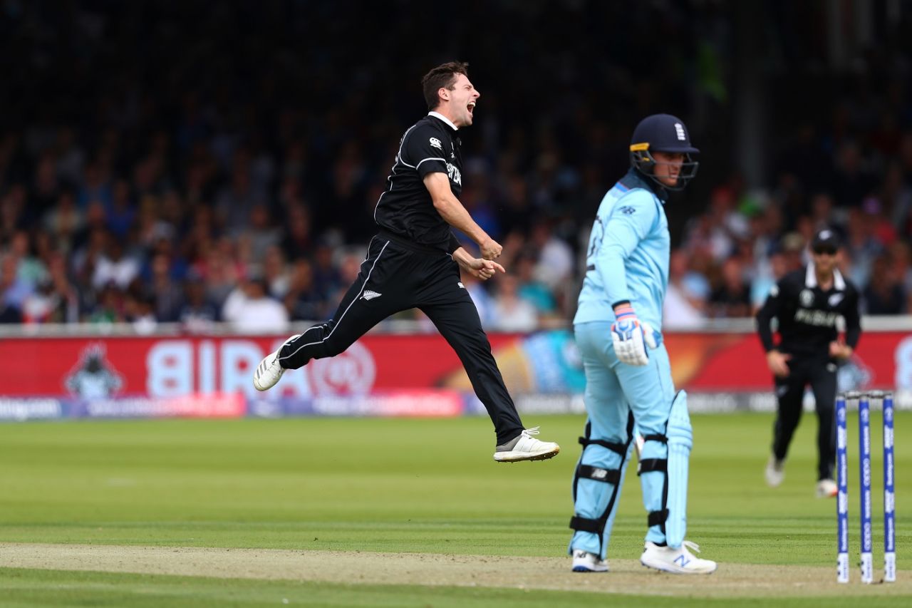 Matt Henry leaps for joy after dismissing Jason Roy, England v New Zealand, World Cup 2019, Lord's, July 14, 2019