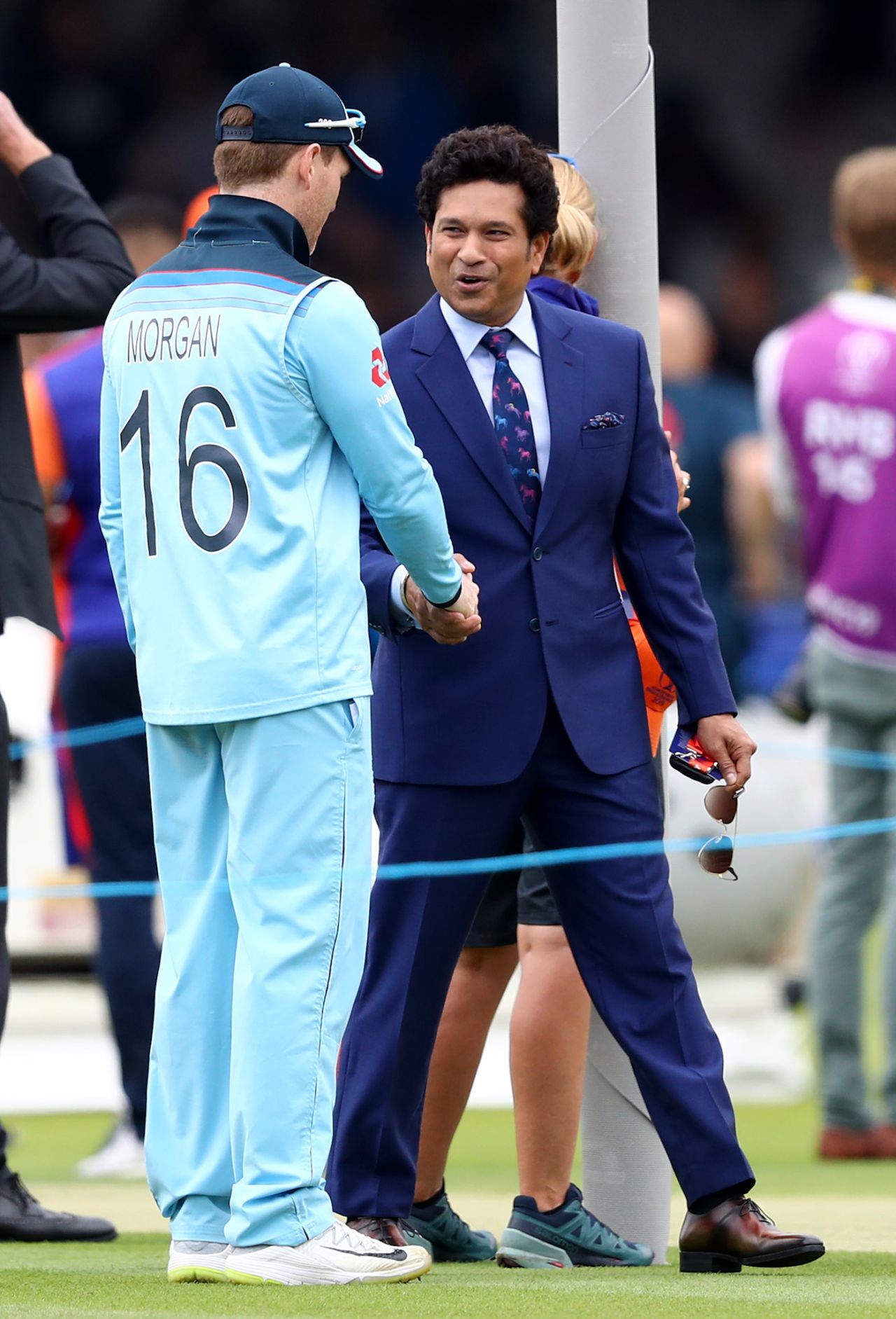 Sachin Tendulkar and Eoin Morgan catch up before the game, England v New Zealand, World Cup 2019, Lord's, July 14, 2019