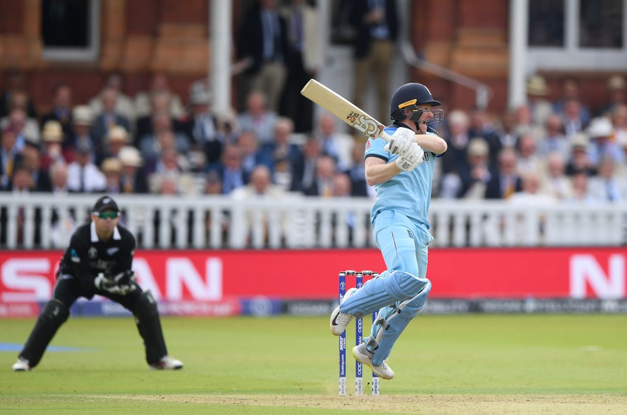 Eoin Morgan screams "No!" as he hits a full toss off Jimmy Neesham to Lockie Ferguson in the deep, England v New Zealand, World Cup 2019, Lord's, July 14, 2019