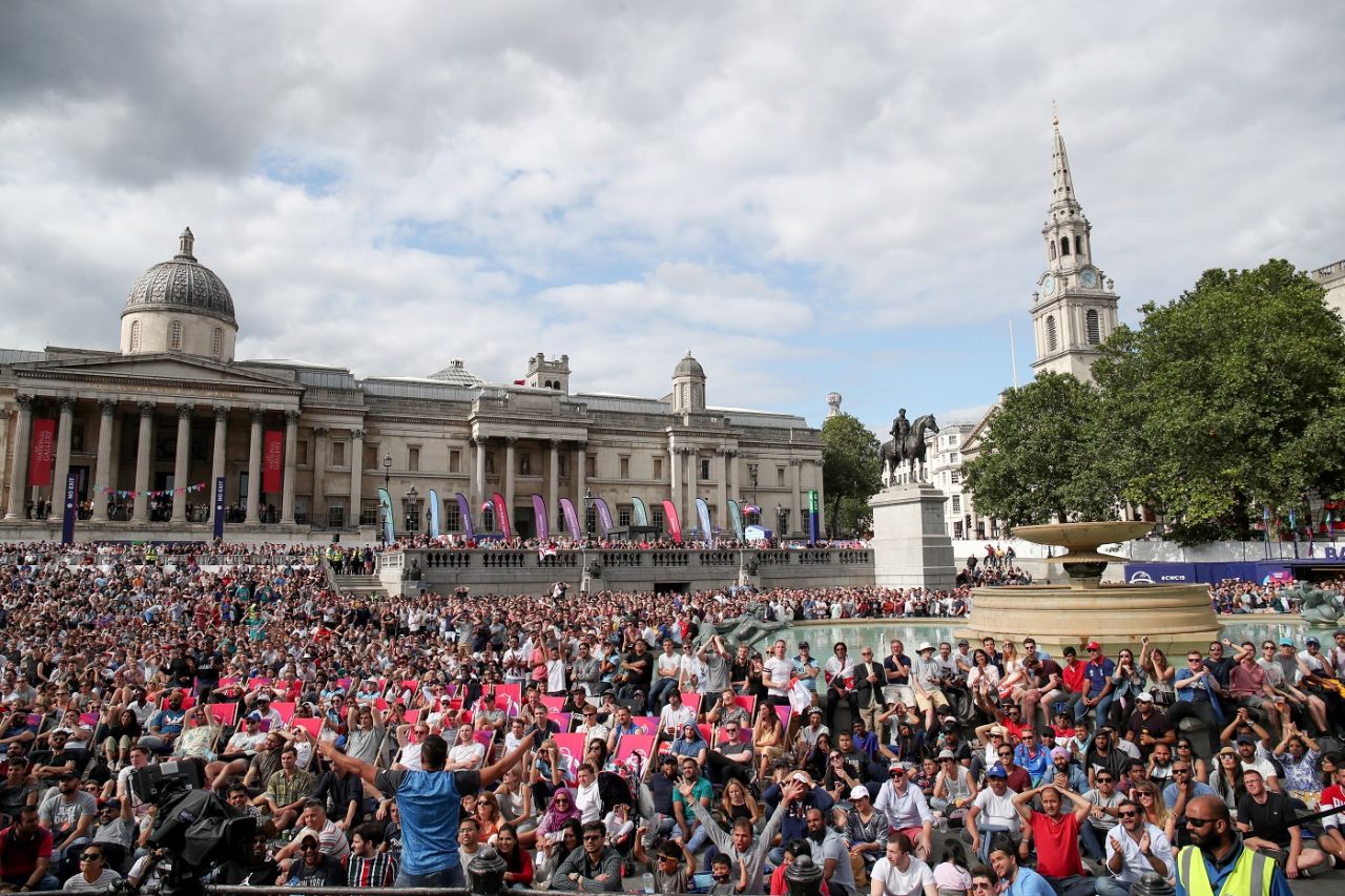 England fans celebrate in the Fanzone at Trafalgar Square, England v New Zealand, World Cup 2019, Lord's, July 14, 2019