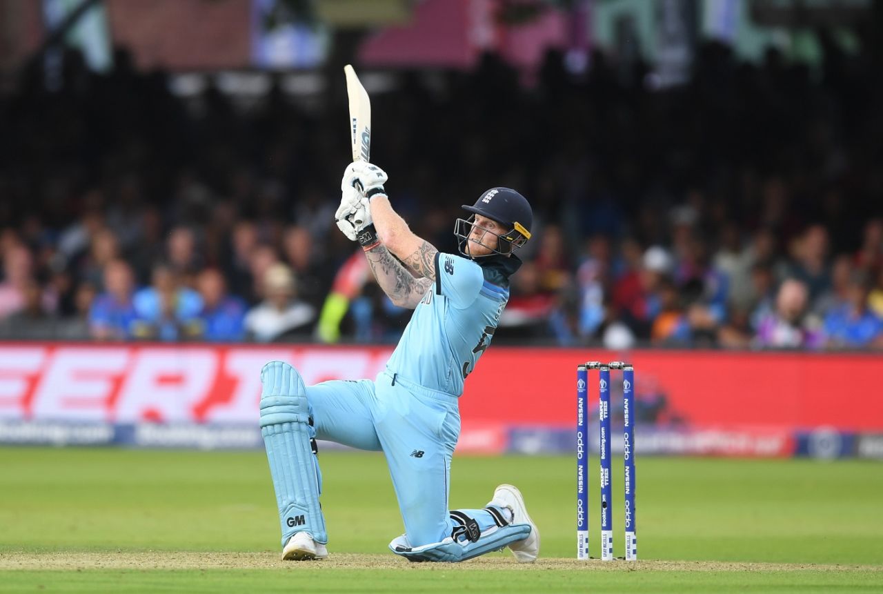 Ben Stokes smashes a six as he takes the match to the end, England v New Zealand, World Cup 2019, Lord's, July 14, 2019