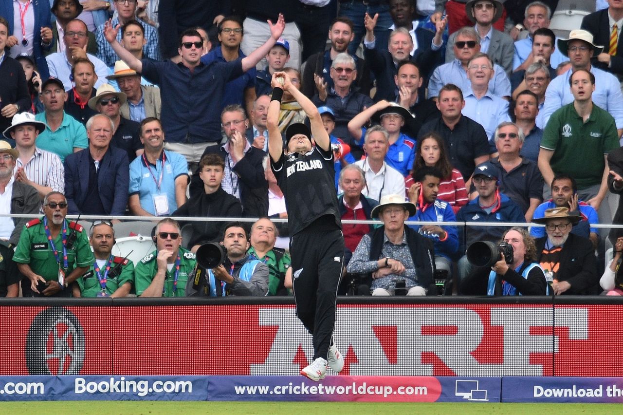 Trent Boult catches a Ben Stokes shot, but..., England v New Zealand, World Cup 2019, Lord's, July 14, 2019