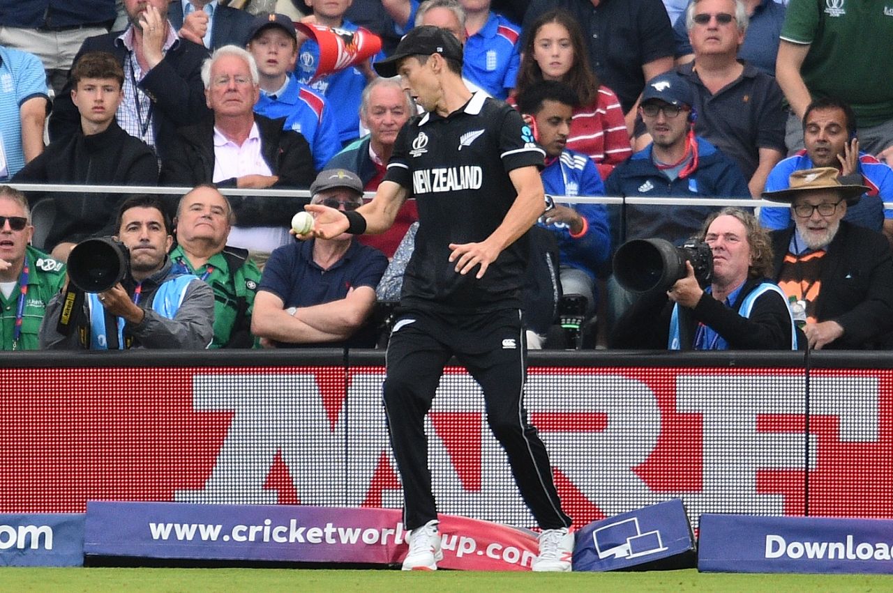 ...but steps on the boundary line before he can relay it to Martin Guptill!, England v New Zealand, World Cup 2019, Lord's, July 14, 2019