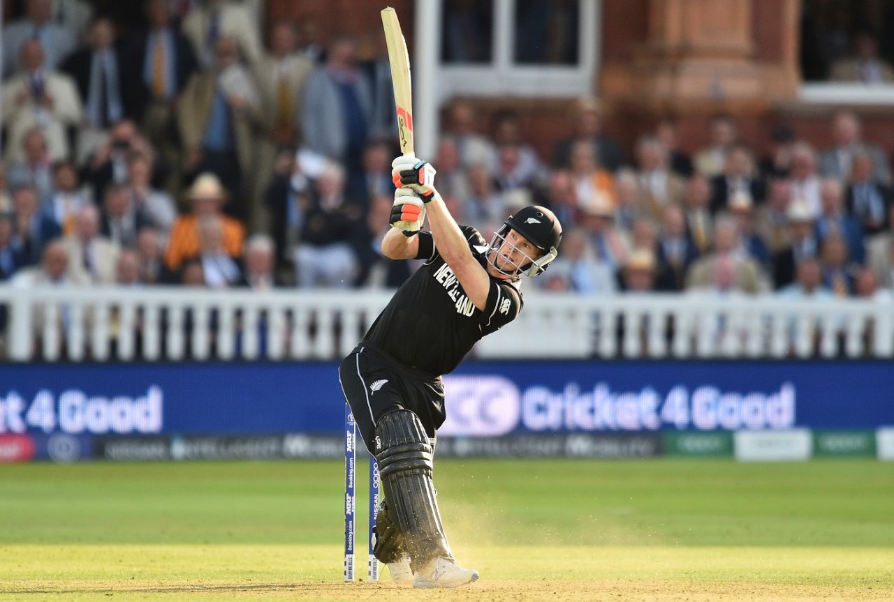 Jimmy Neesham smashes a six in the Super Over, England v New Zealand, World Cup 2019, Lord's, July 14, 2019