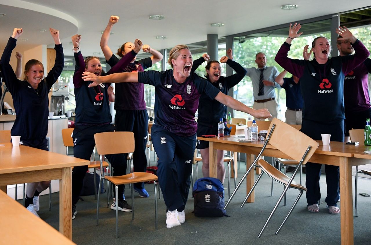 England women celebrate the men's team's World Cup win, England v New Zealand, World Cup 2019 final, Lord's, July 14, 2019 