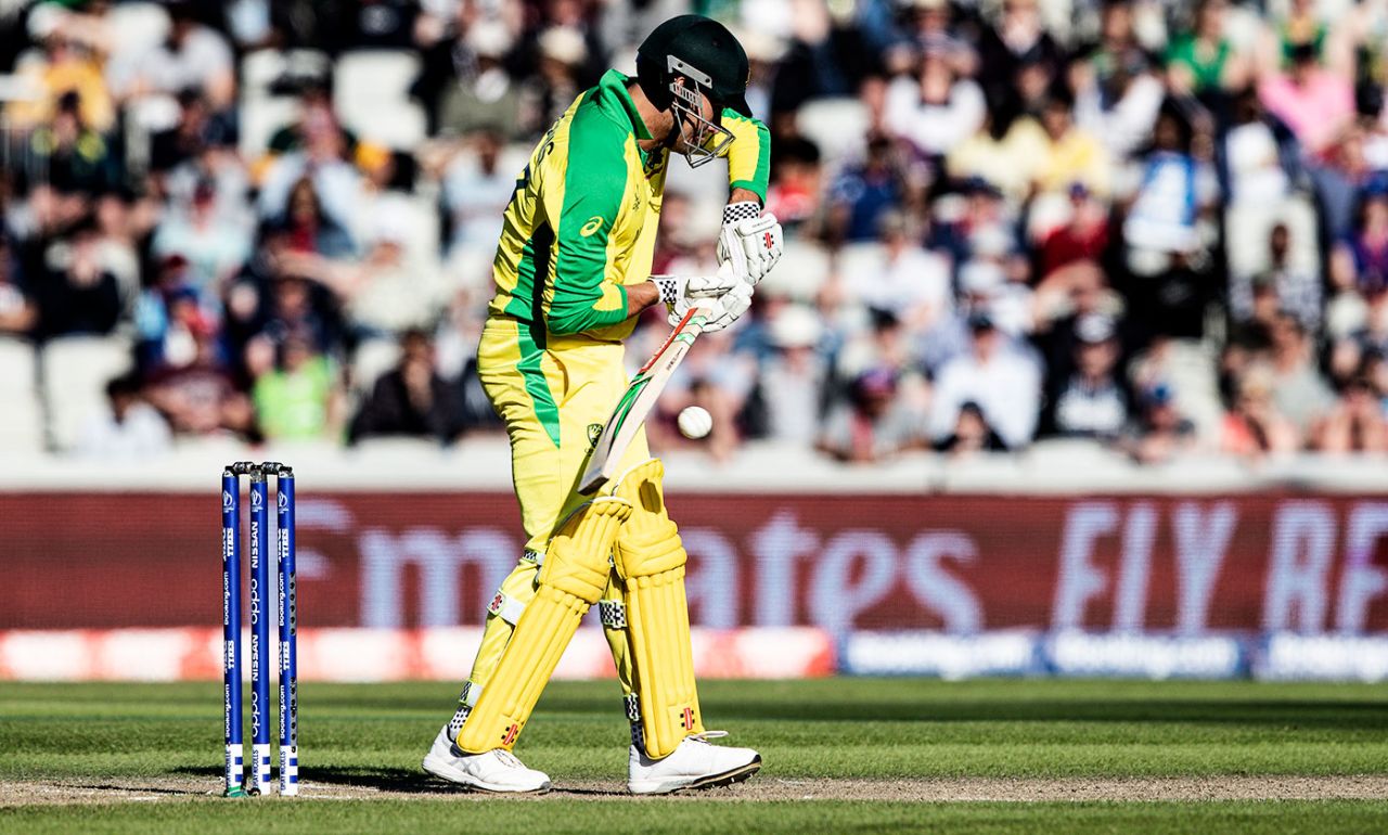 Marcus Stoinis defends the ball, Australia v South Africa, World Cup, Old Trafford, July 6, 2019