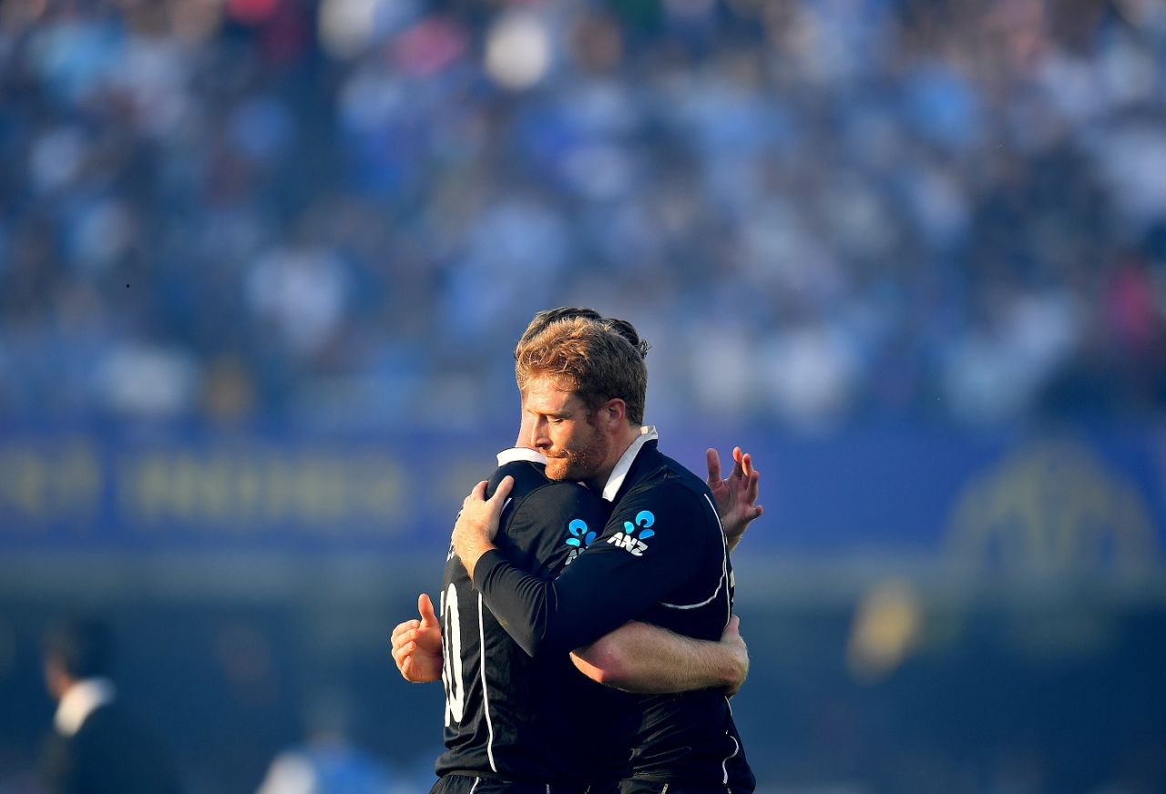 Martin Guptill and James Neesham embrace after the former's run-out in the Super Over, England v New Zealand, World Cup 2019, final, Lord's, July 14, 2019
