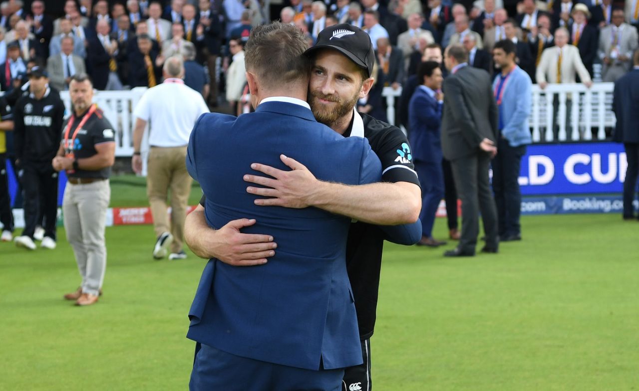 Kane Williamson greets former New Zealand captain Brendon McCullum after the final, England v New Zealand, World Cup 2019, final, Lord's, July 14, 2019