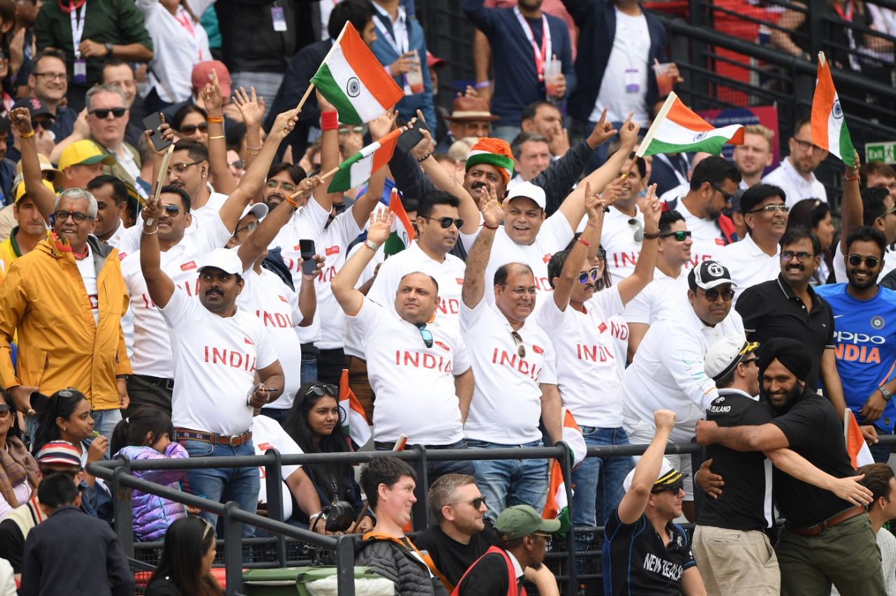 Indian fans celebrate a New Zealand six, England v New Zealand, World Cup 2019, Lord's, July 14, 2019