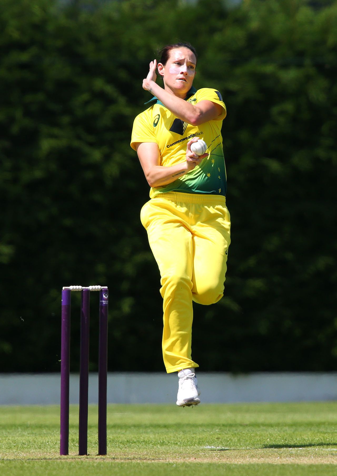 Megan Schutt bowls, England Women's Academy v Australia Women, Loughborough, June 28, 2019